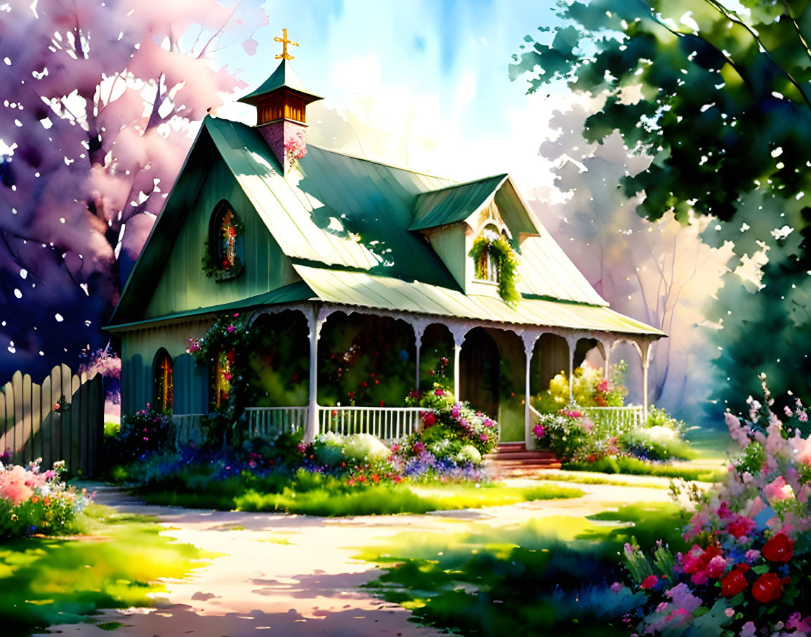 Lush garden chapel illustration with sunlight glow