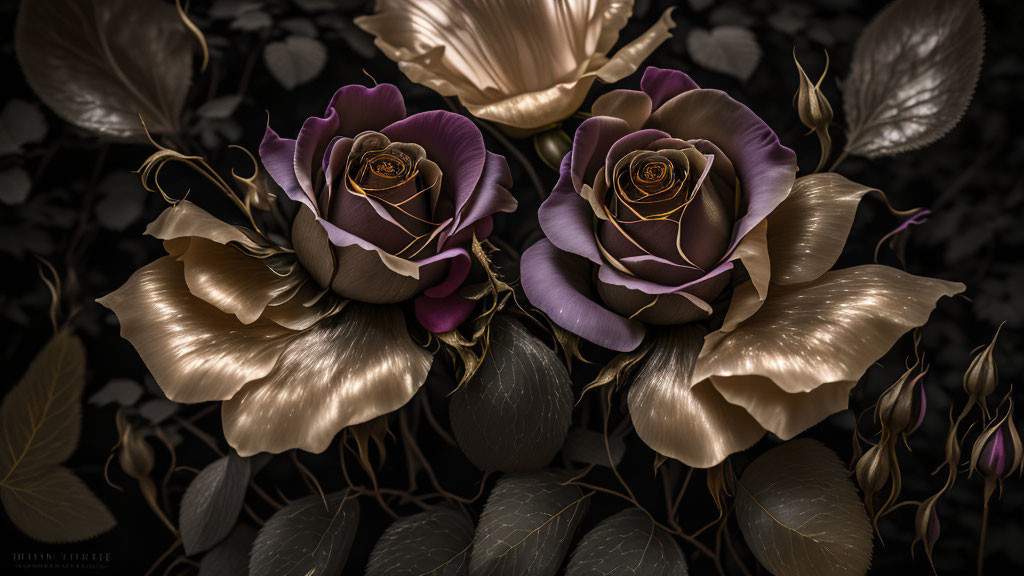 Dark Purple Roses with Golden Highlights on Dark Background