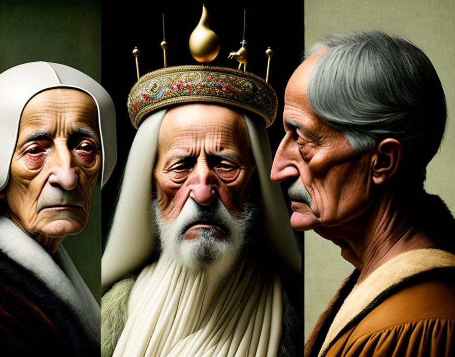 Three stylized portraits of an elderly nun, a crowned king, and a bearded man in historical