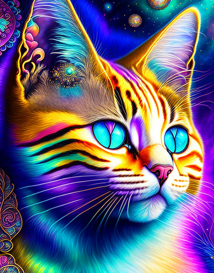 Colorful Digital Art: Multicolored Cat with Blue Eyes and Psychedelic Patterns