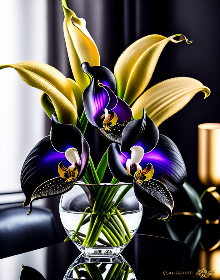 Purple and Yellow Calla Lilies in Clear Glass Vase on Black Surface