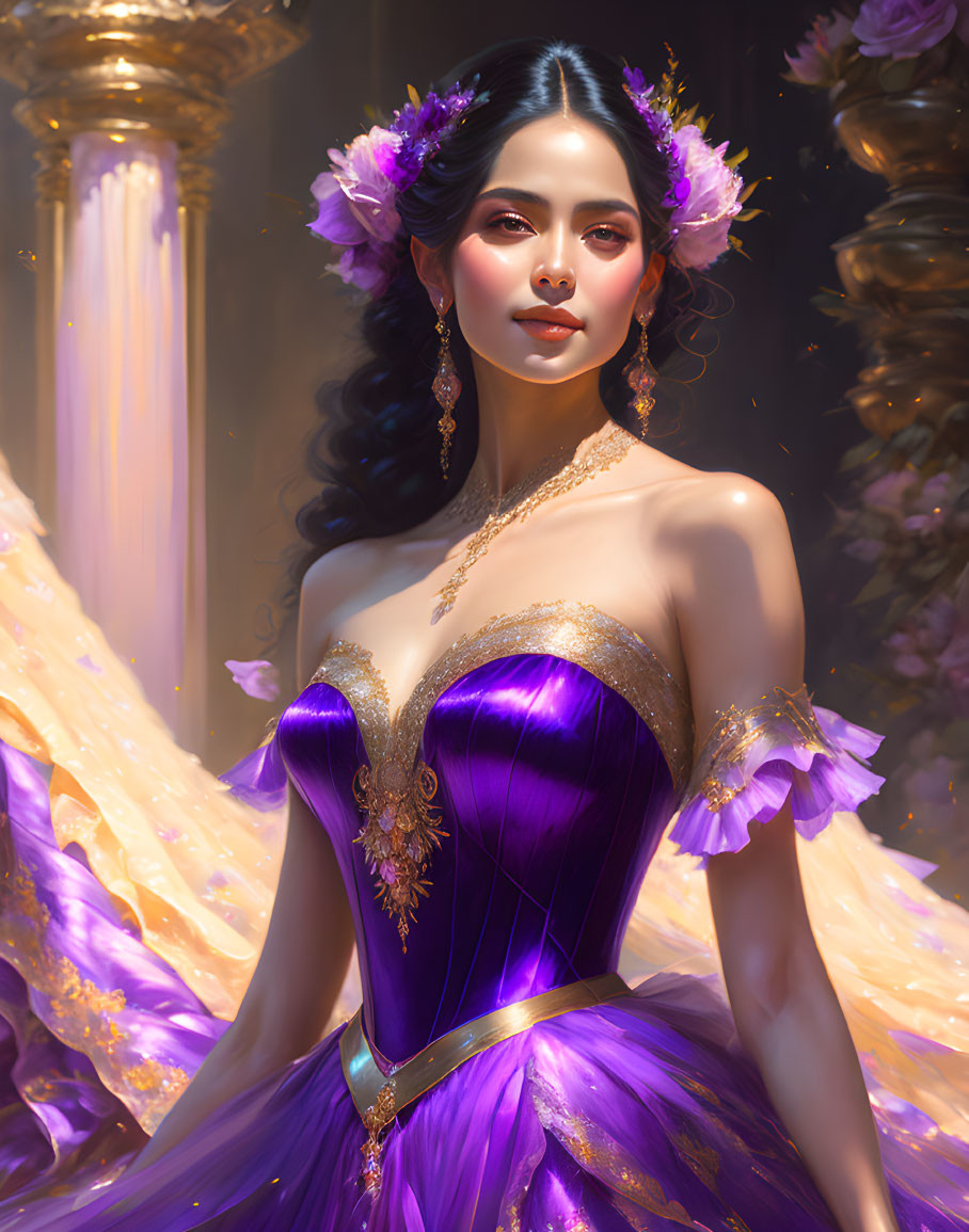 Digital artwork: Woman in purple gown with gold accents and floral hair adornments