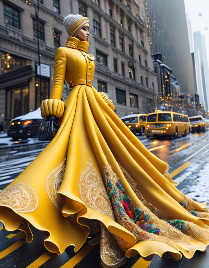 Elegant person in yellow gown on city street with cabs