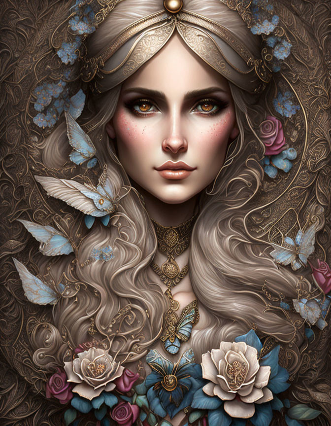 Detailed woman illustration with headpiece, butterflies, flowers, ornate patterns