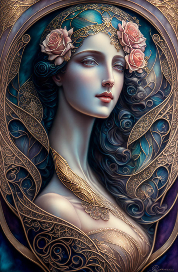 Digital artwork: Woman with pale skin and dark hair, pink roses, golden circular frame, blue background