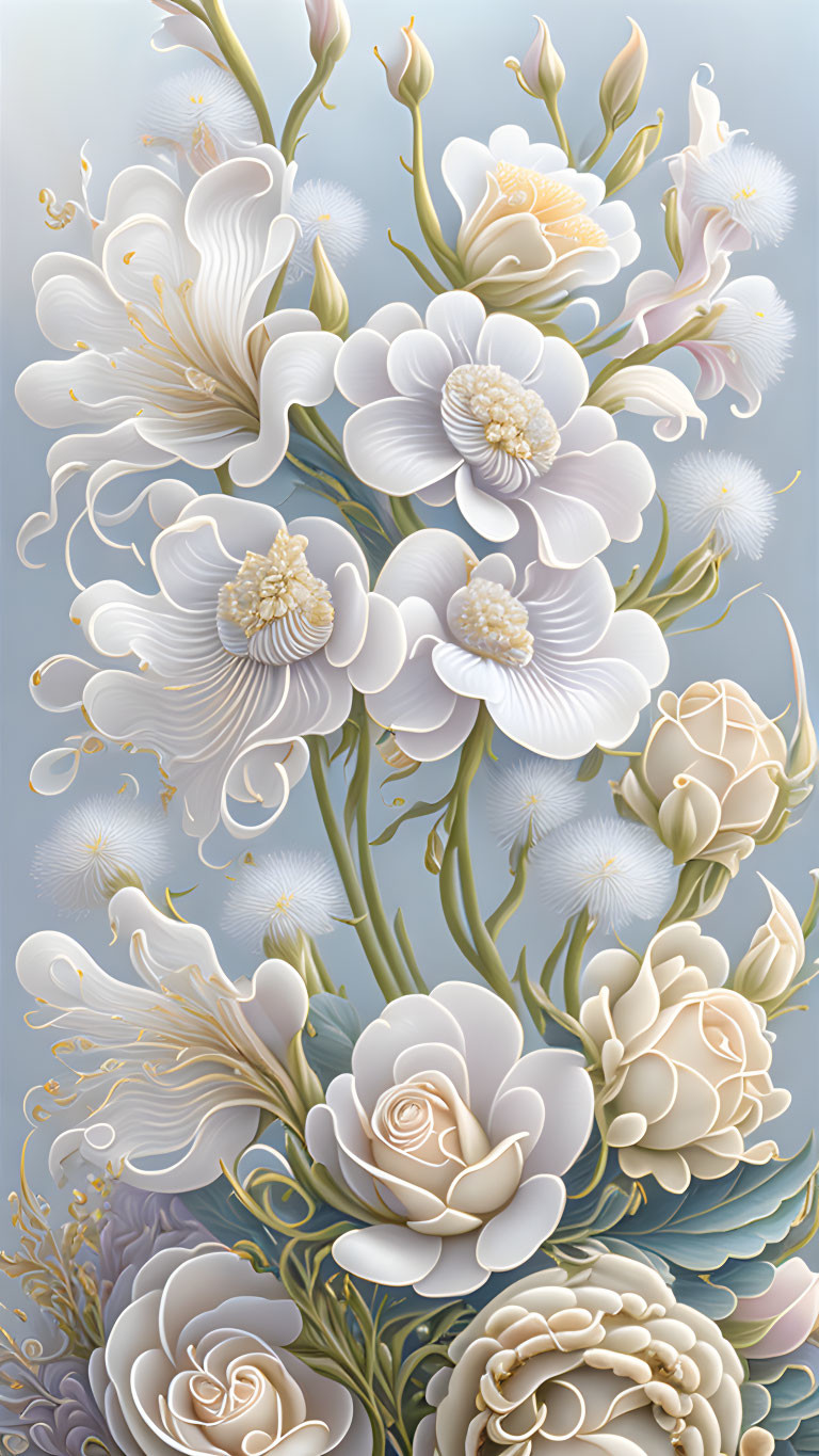 Stylized cream and white flowers on soft blue background