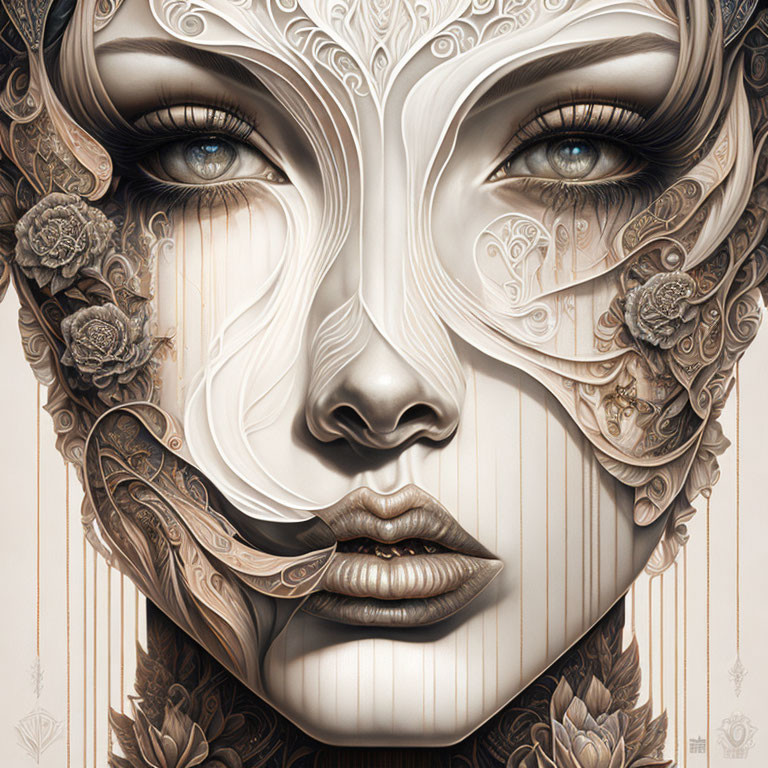 Detailed illustration of woman's face with floral and mechanical elements