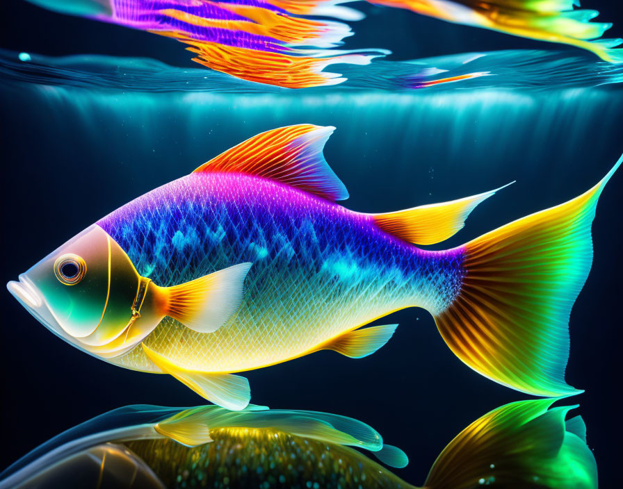 Colorful Tropical Fish Swimming Near Water Surface Against Dark Background