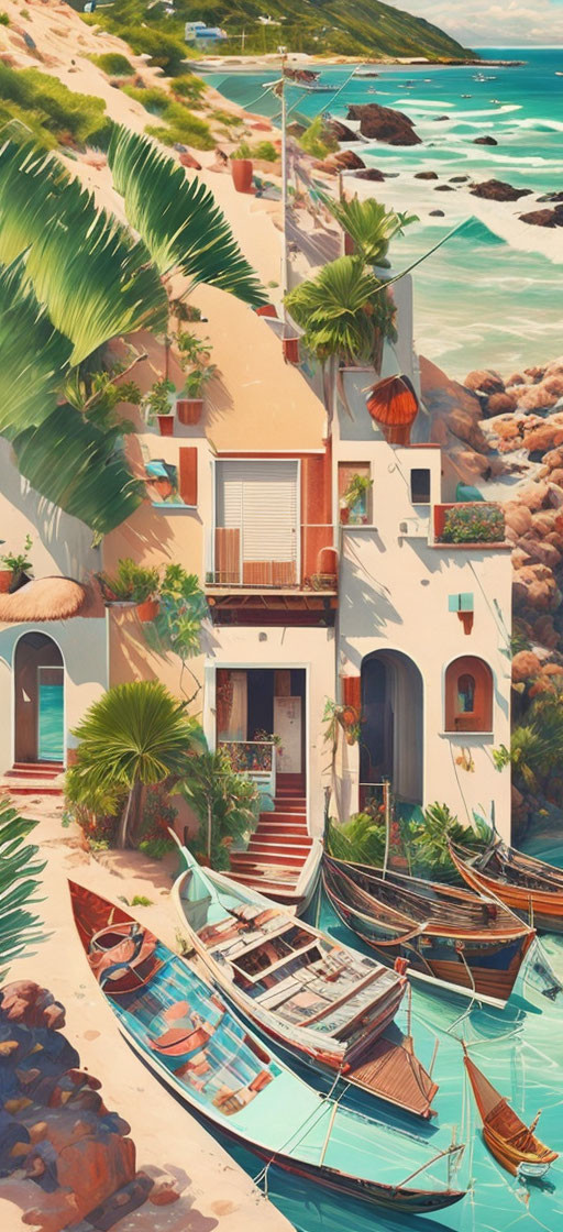 Coastal Scene with Colorful Buildings and Boats