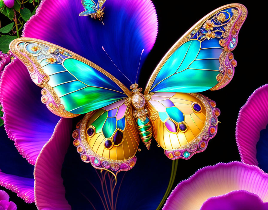 Colorful Butterfly Artwork with Jeweled Wings and Purple Flowers