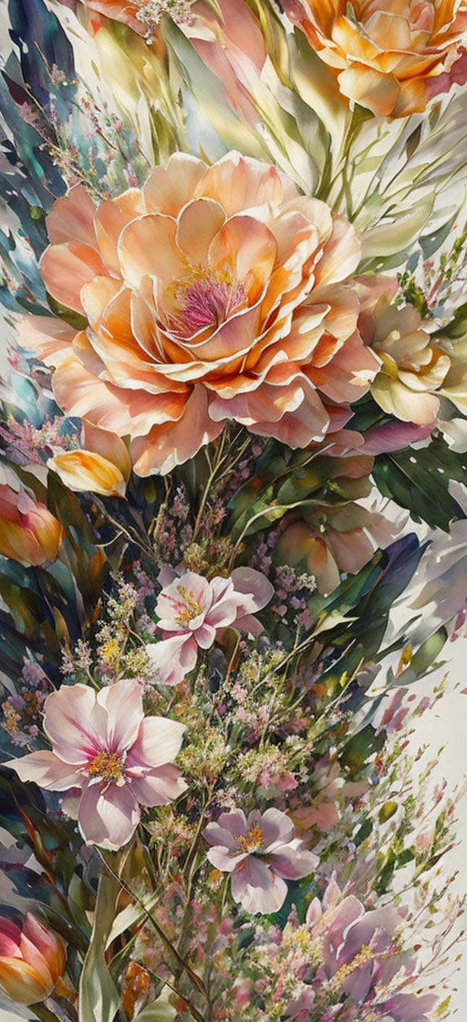 Colorful Floral Painting: Orange-Peach Blooms with Pink Centers