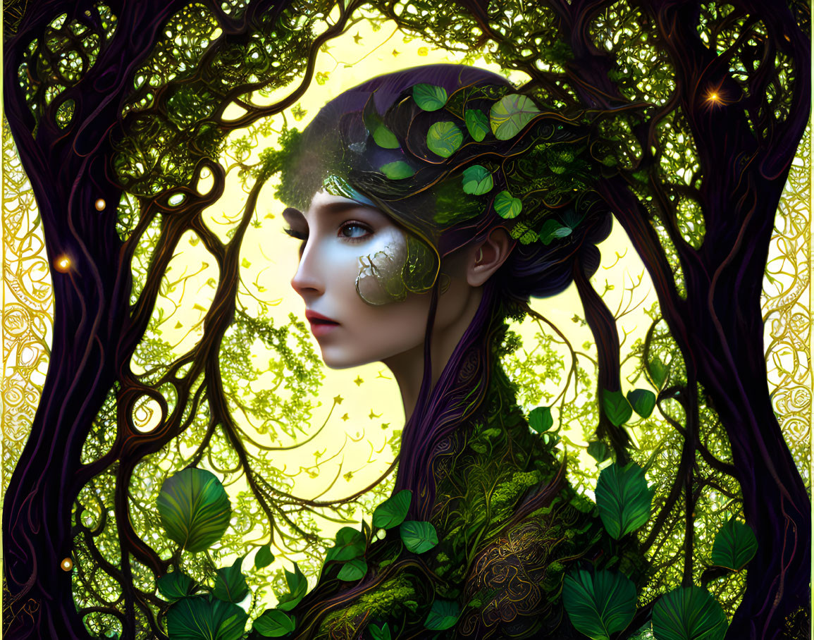 Fantastical portrait of a woman with elfin features and nature-inspired backdrop