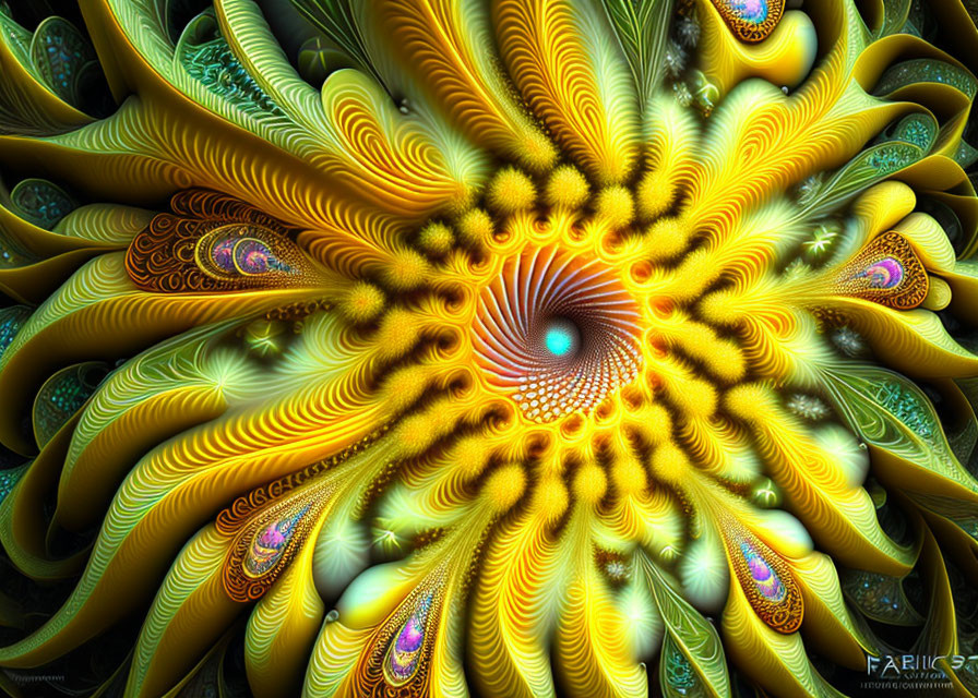 Colorful fractal art with intricate yellow and green patterns