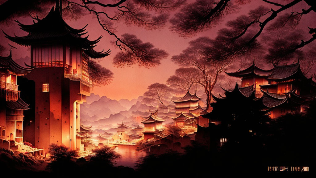 Traditional Asian scene: Pagodas, cherry blossoms, red sky