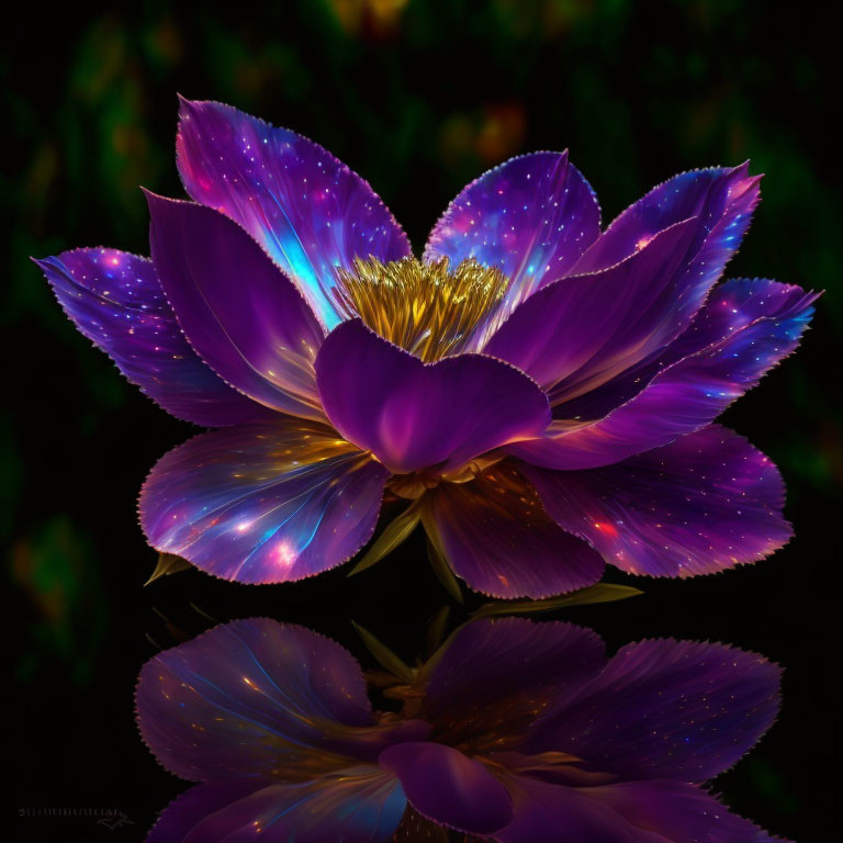 Digitally-enhanced purple flower with golden center on dark background