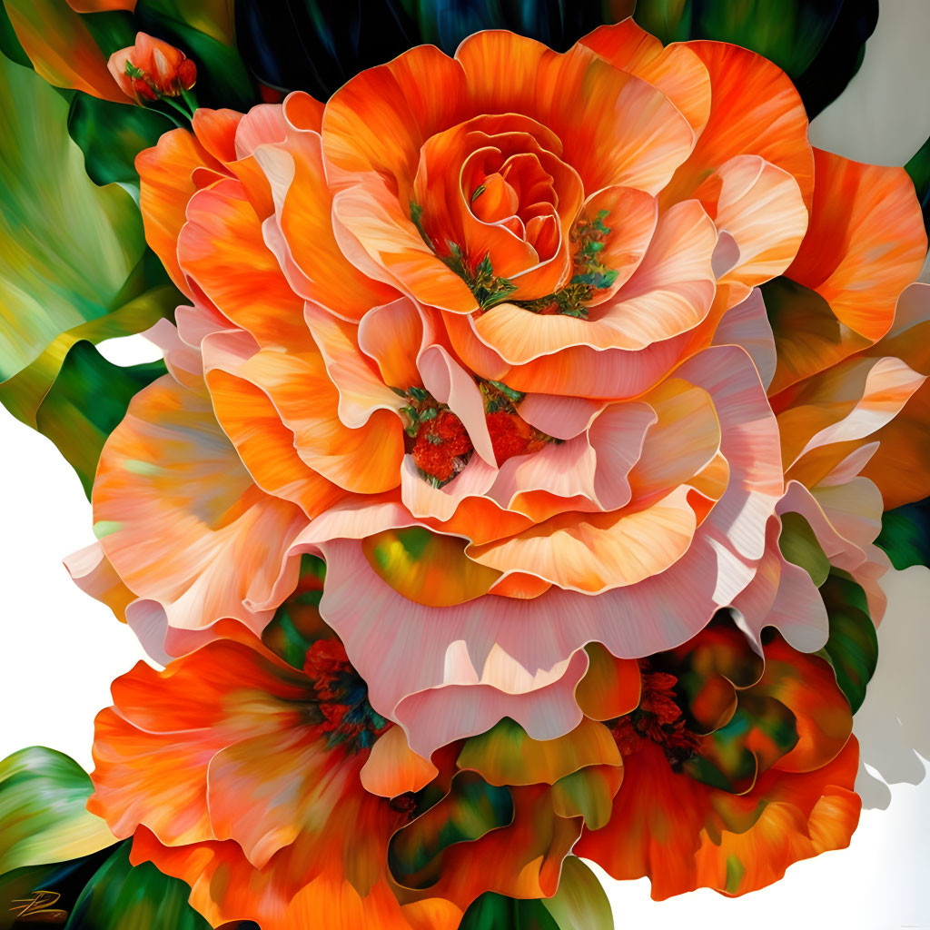 Vibrant digital artwork: intricate orange flower with dynamic layered petals