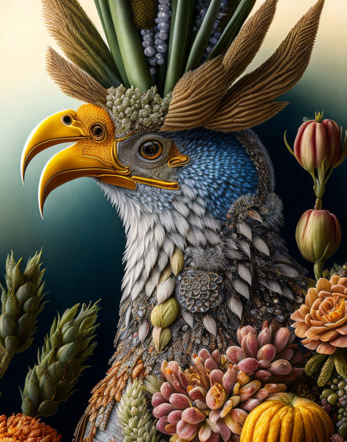 Eagle art with floral and botanical elements on muted backdrop