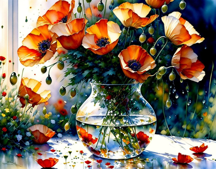 Colorful painting of red poppies and white flowers in transparent vase with lush garden background