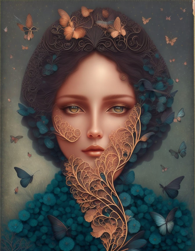 Surreal portrait of woman with botanical and butterfly motifs