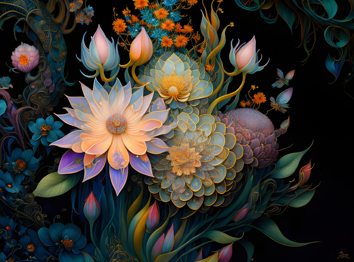 Colorful digital artwork: Stylized lotus flowers in bloom with intricate foliage on dark backdrop