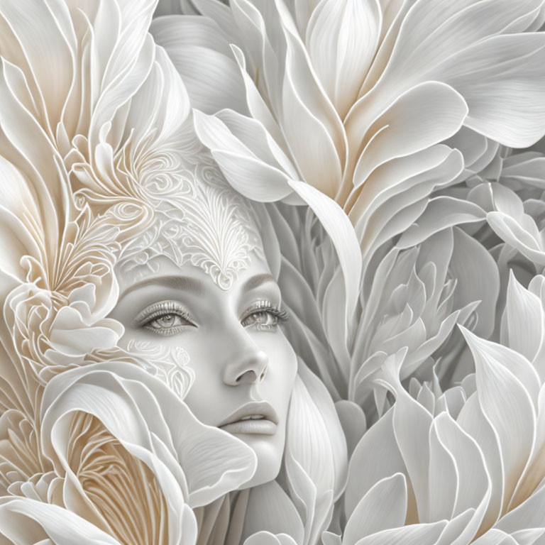 Grayscale image blending woman's face with floral patterns