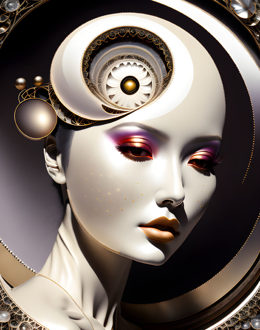 Surreal female portrait with ornate halo and mechanical elements