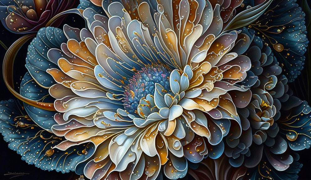 Detailed digital art: Intricate flower in blue, brown, and gold with delicate highlights