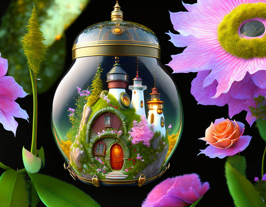 Ornate terrarium with lighthouse and colorful flora at night