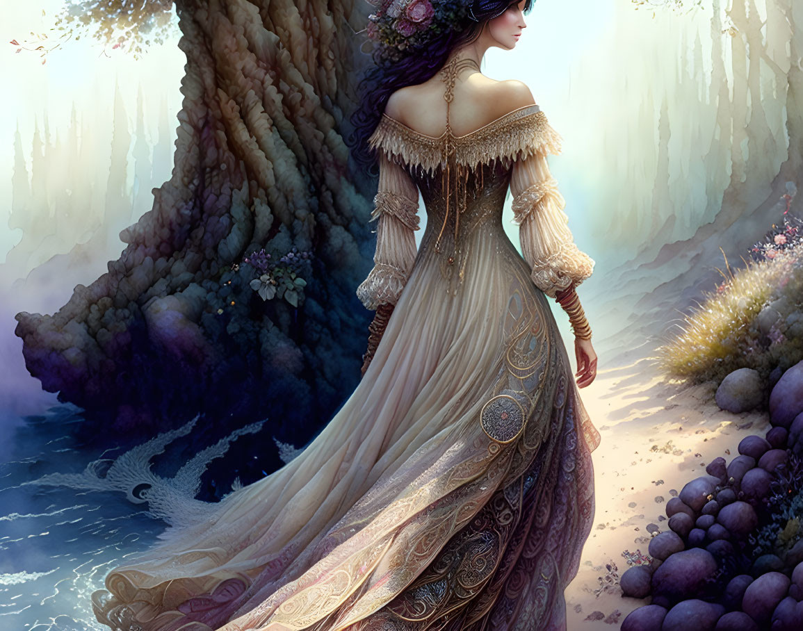 Elegant woman in intricate gown in fantastical forest glade