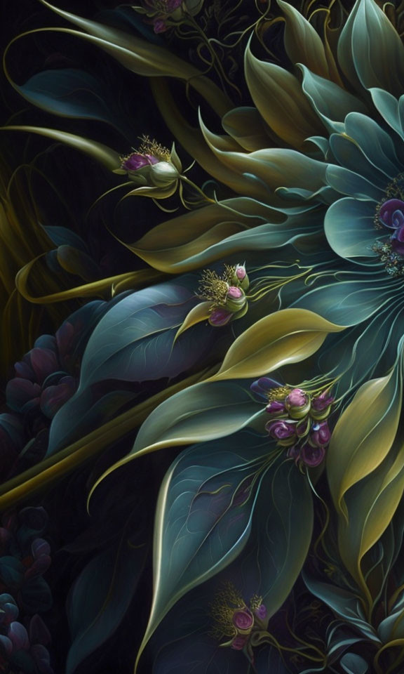 Vibrant teal and green botanical digital art with purple flowers on dark background