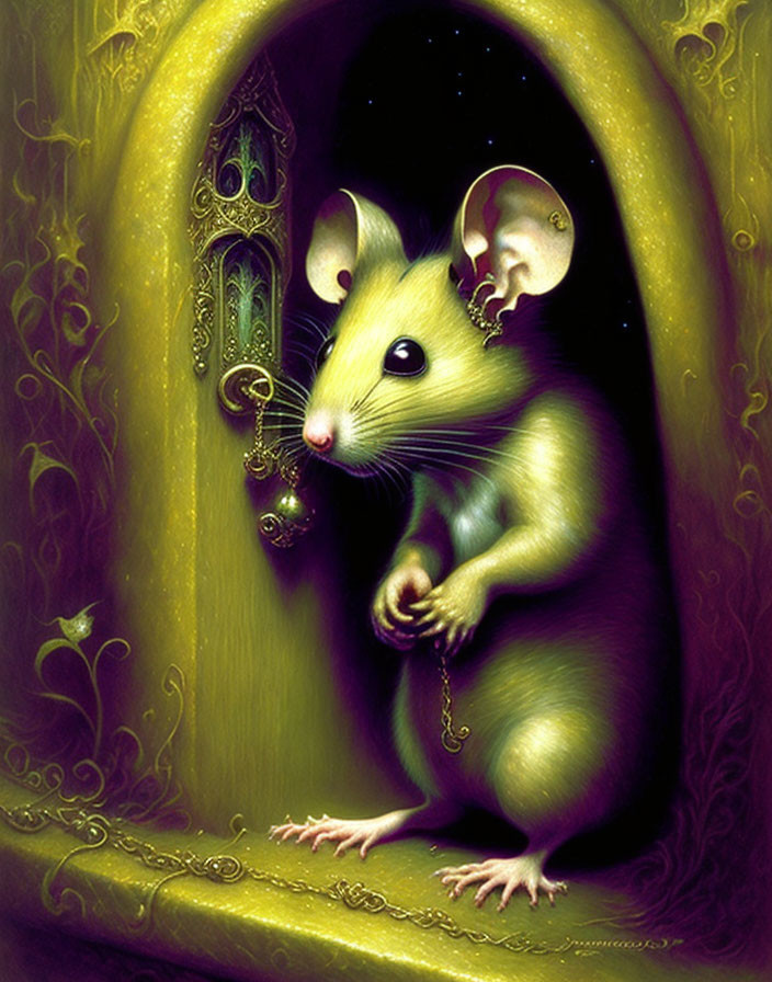 Anthropomorphic mouse with key at ornate arched door in fantasy setting