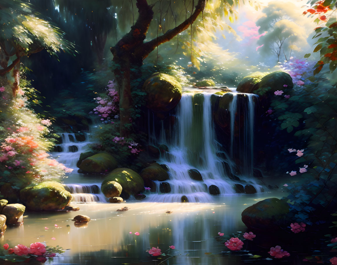 Serene waterfall in enchanted forest with moss-covered stones