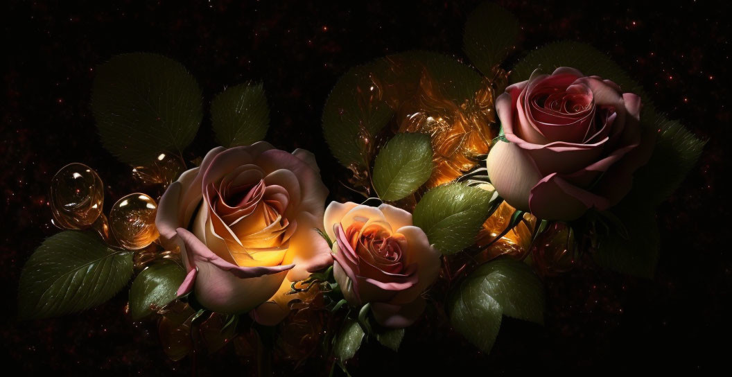 Three blooming roses with warm glowing light and water droplets on dark sparkly background