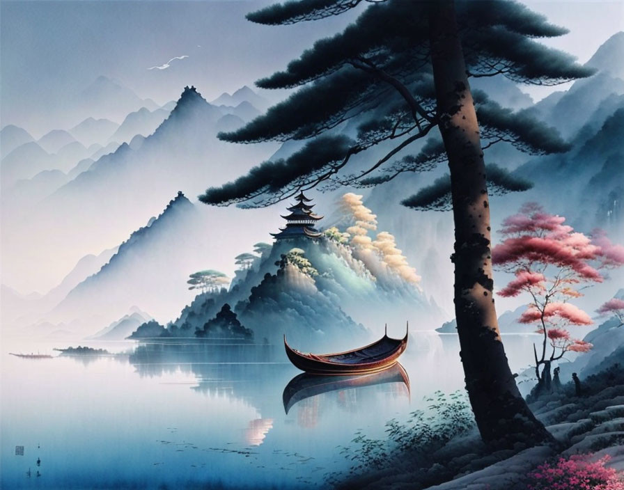 Tranquil landscape: misty mountains, pagoda, pine trees, calm lake, boat