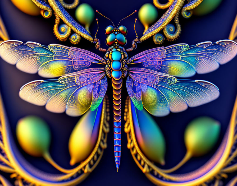 Colorful Dragonfly Artwork with Patterned Wings on Dark Blue Background