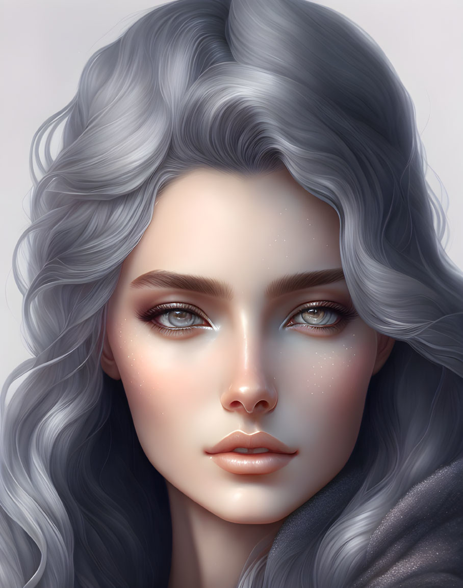 Portrait of woman with wavy grey hair and blue eyes