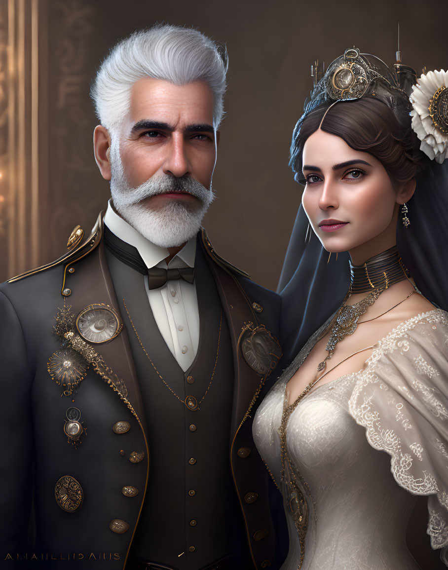 Regal couple in historical attire with white beard and tiara