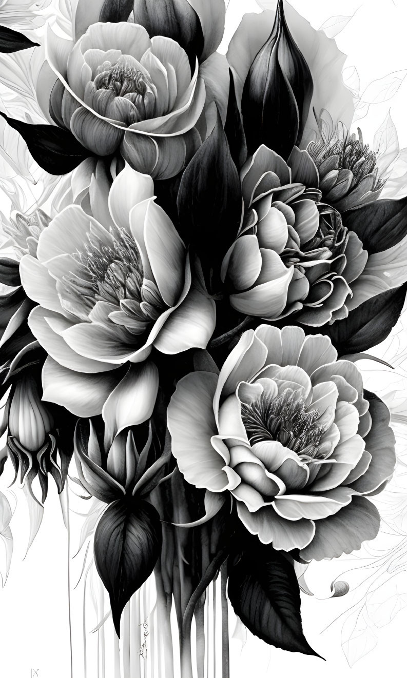 Detailed grayscale bouquet of flowers with large peonies or roses, artistic and ethereal.