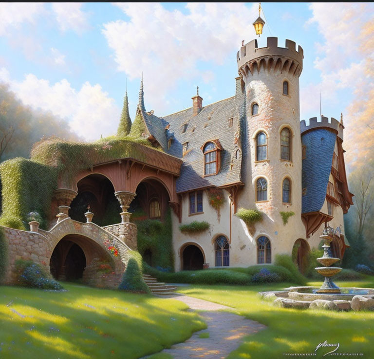 Ivy-covered fairytale castle in verdant landscape