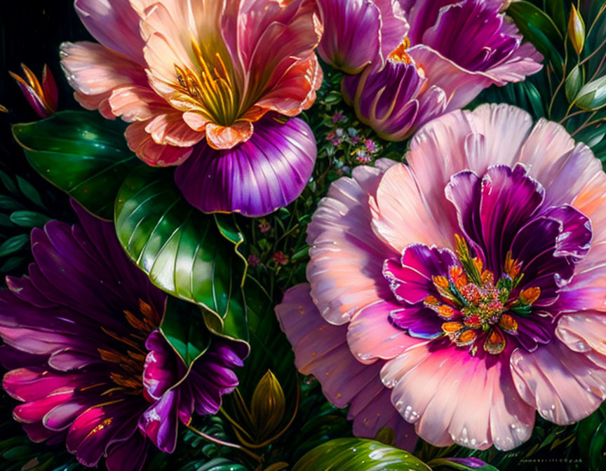 Colorful Dewy Flowers in Pink, Purple, Orange & Green Foliage