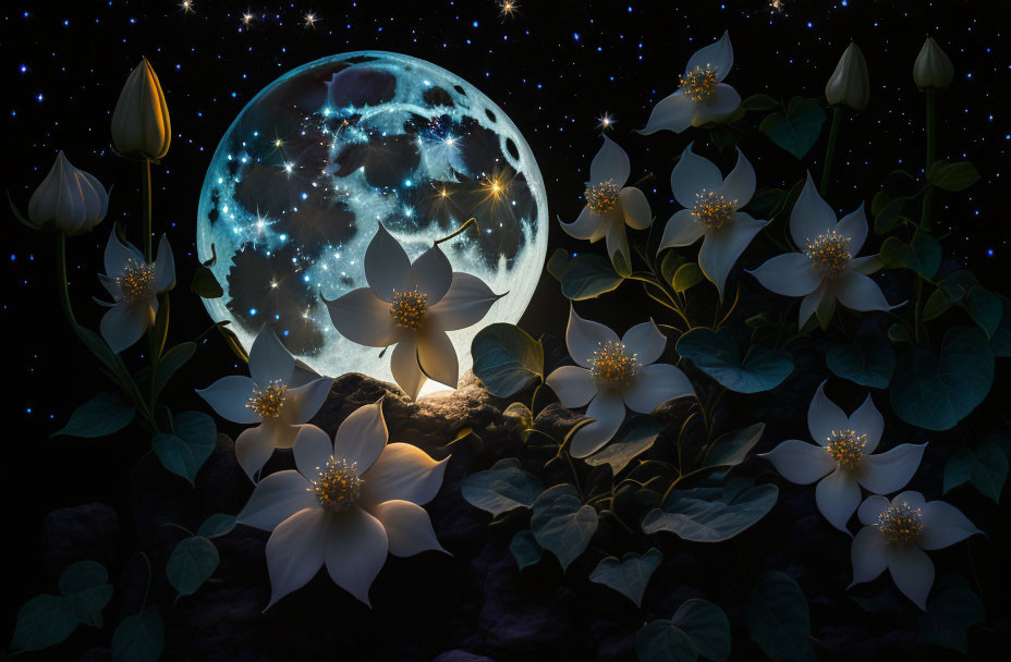 Tranquil Night Scene: White Lotus Flowers, Full Moon, Stars