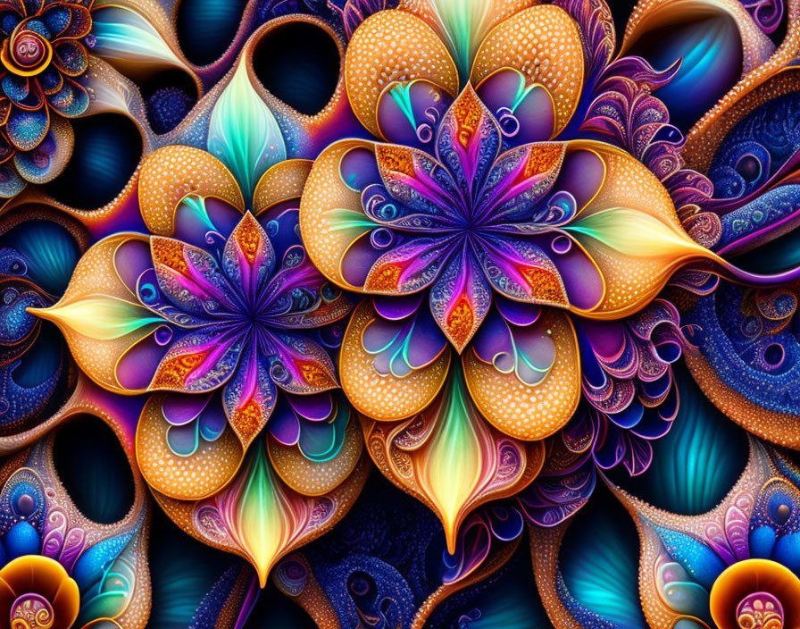 Colorful fractal art featuring symmetrical floral patterns in blue, purple, and orange hues.