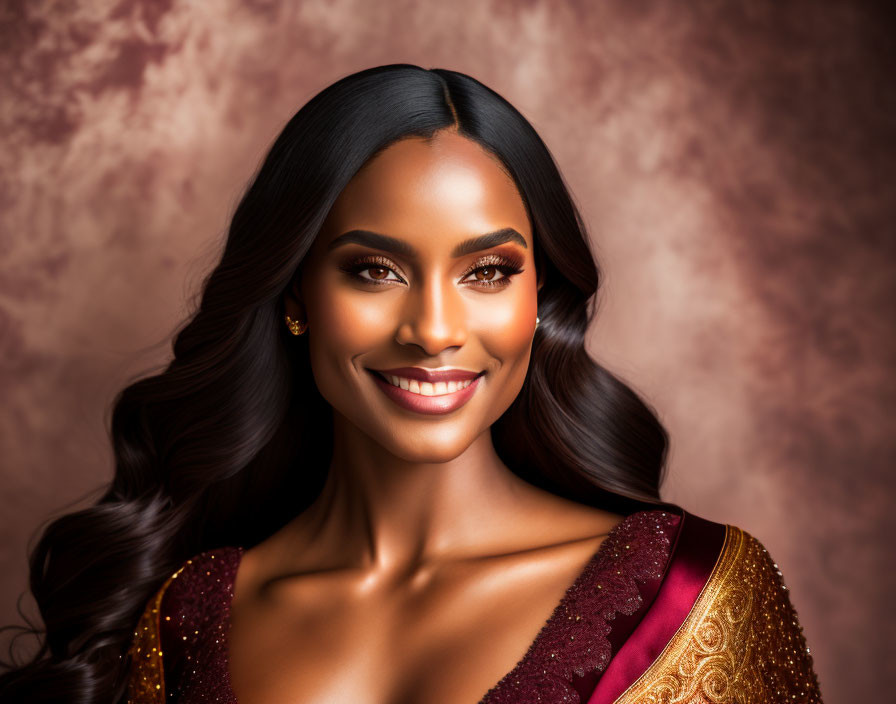 Woman in burgundy outfit with golden details and wavy hair on warm backdrop