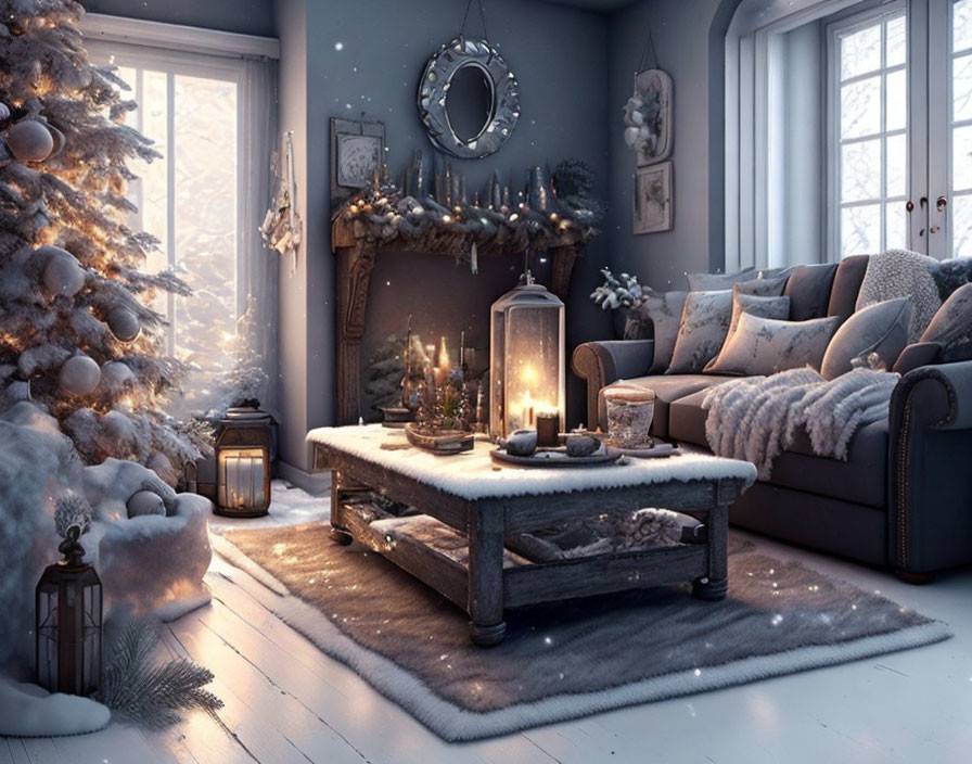 Festive winter living room with Christmas tree, lanterns, sofa, and snow.