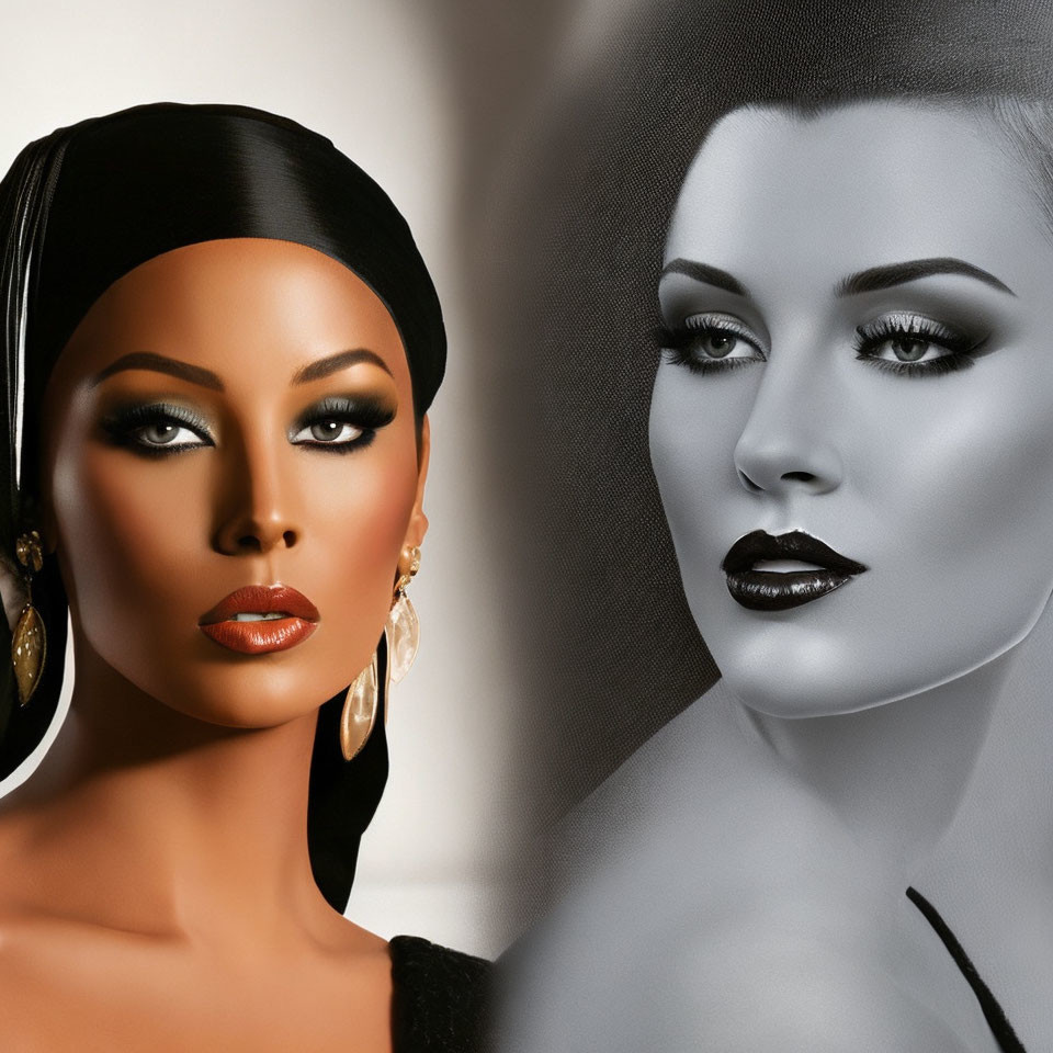 Split image of stylized female faces: tan skin & grayscale, dramatic makeup and earrings