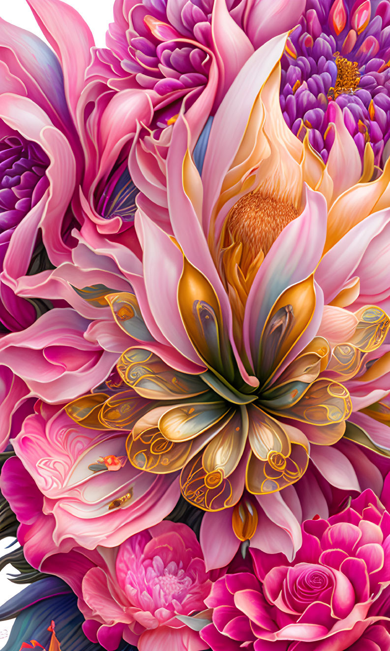 Detailed Pink and Purple Flower Cluster with Golden Bloom in Digital Art