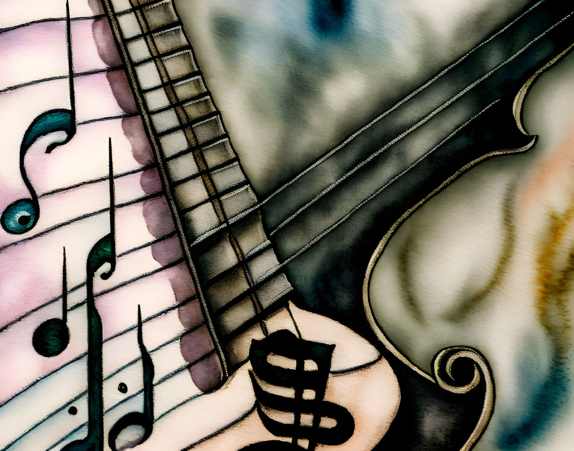 Vibrant watercolor violin and musical notes painting in abstract style