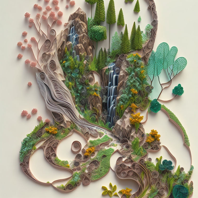 Intricate paper art of lush landscape with trees, waterfall, and flowers