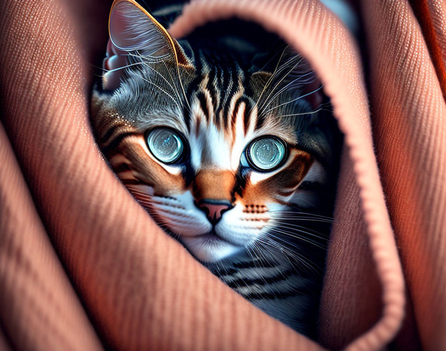 Striking-eyed cat peeking from coral fabric folds