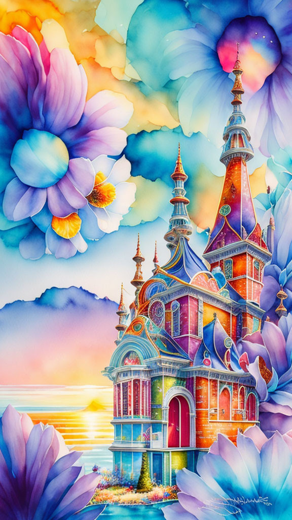 Whimsical watercolor painting of colorful castle and flowers